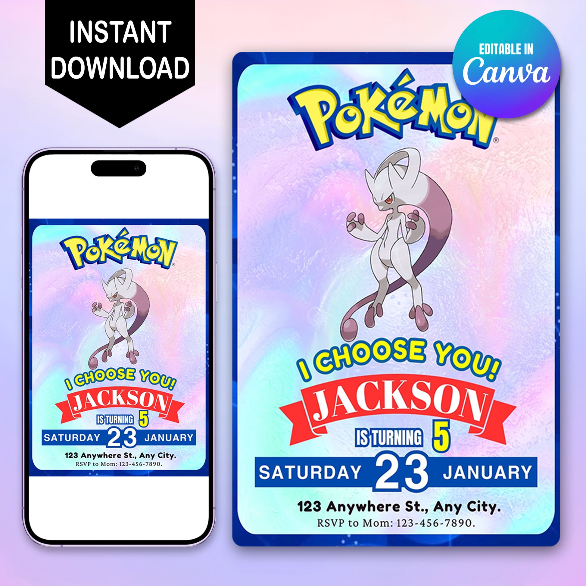 Mewtwo Invitation Template | Pokemon Birthday Invite - CreativeRino
