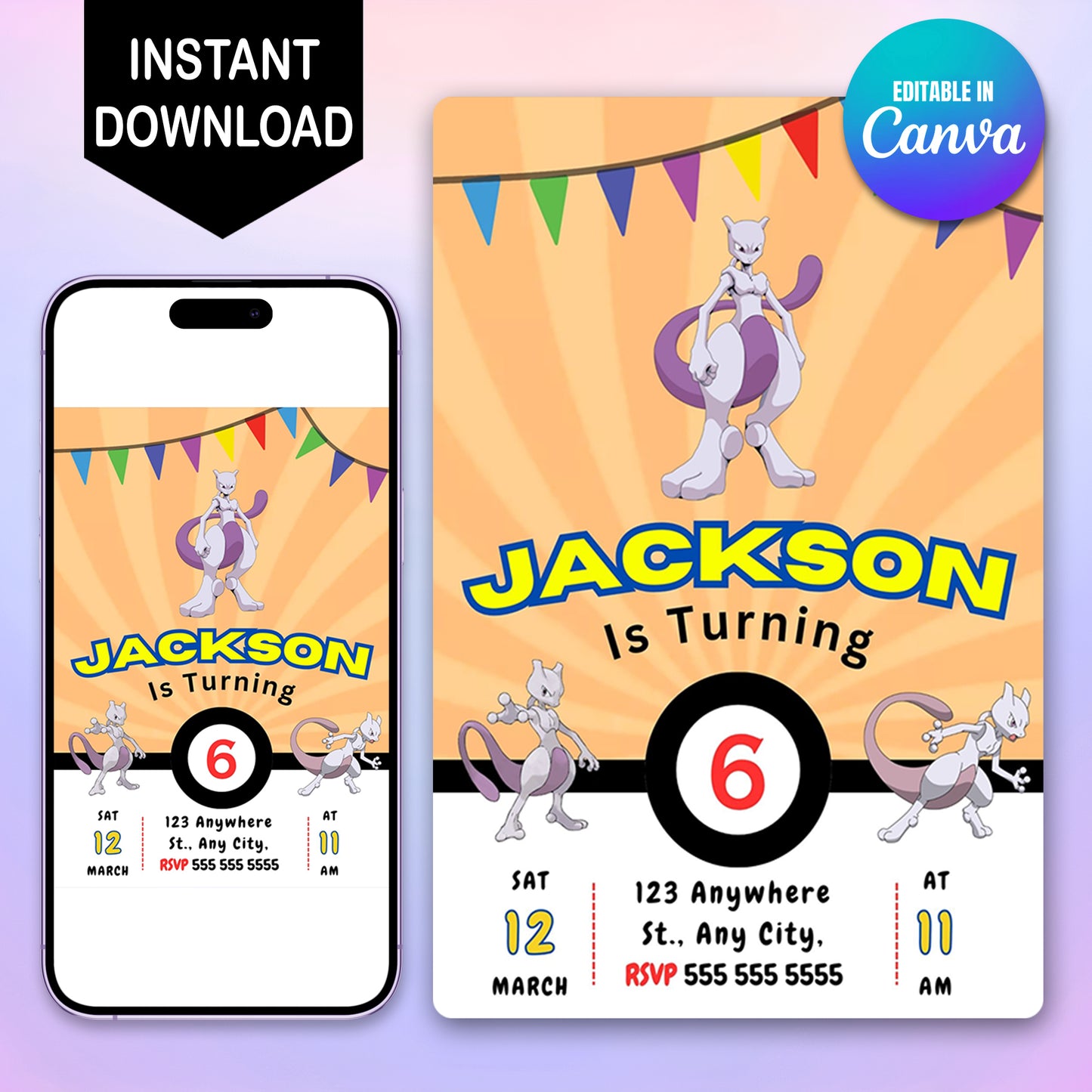 Mewtwo Pokemon Birthday Party Invitation Template - CreativeRino