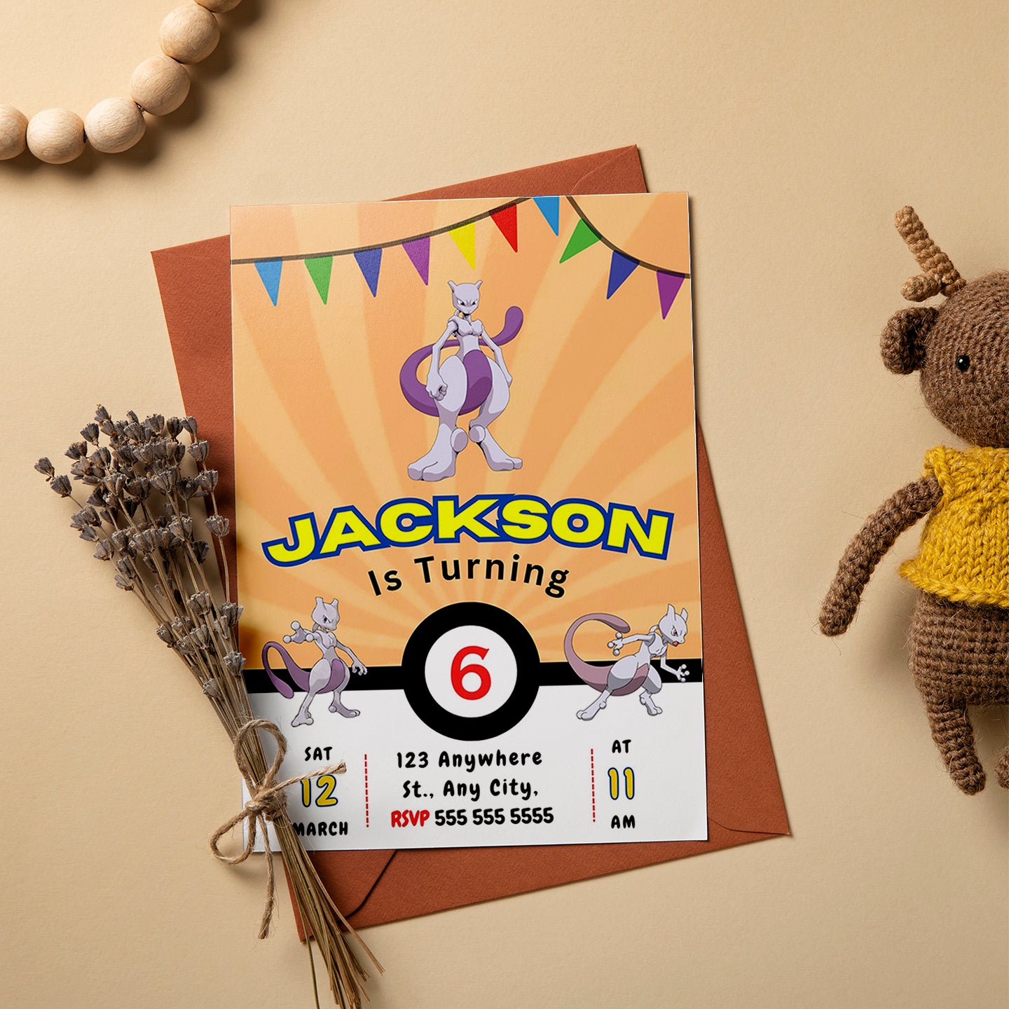 Mewtwo Pokemon Birthday Party Invitation Template - CreativeRino