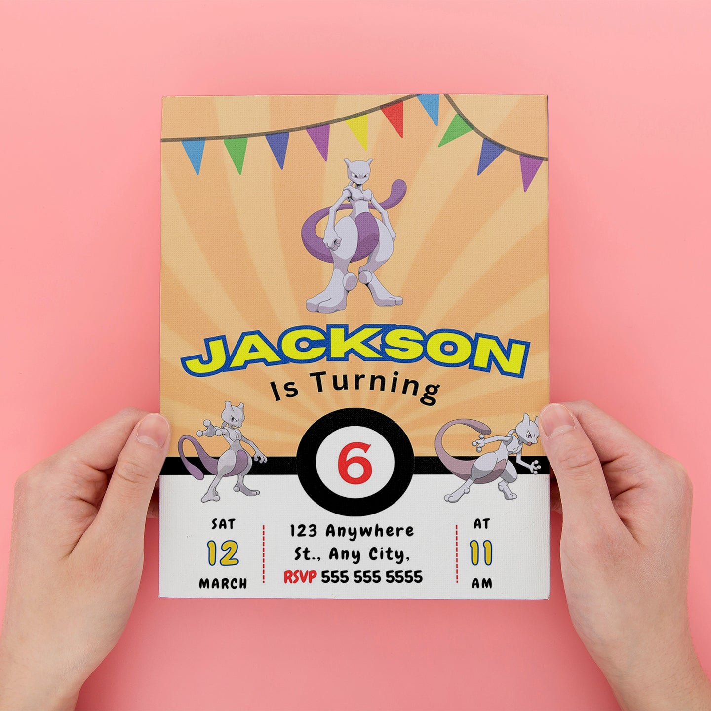 Mewtwo Pokemon Birthday Party Invitation Template - CreativeRino