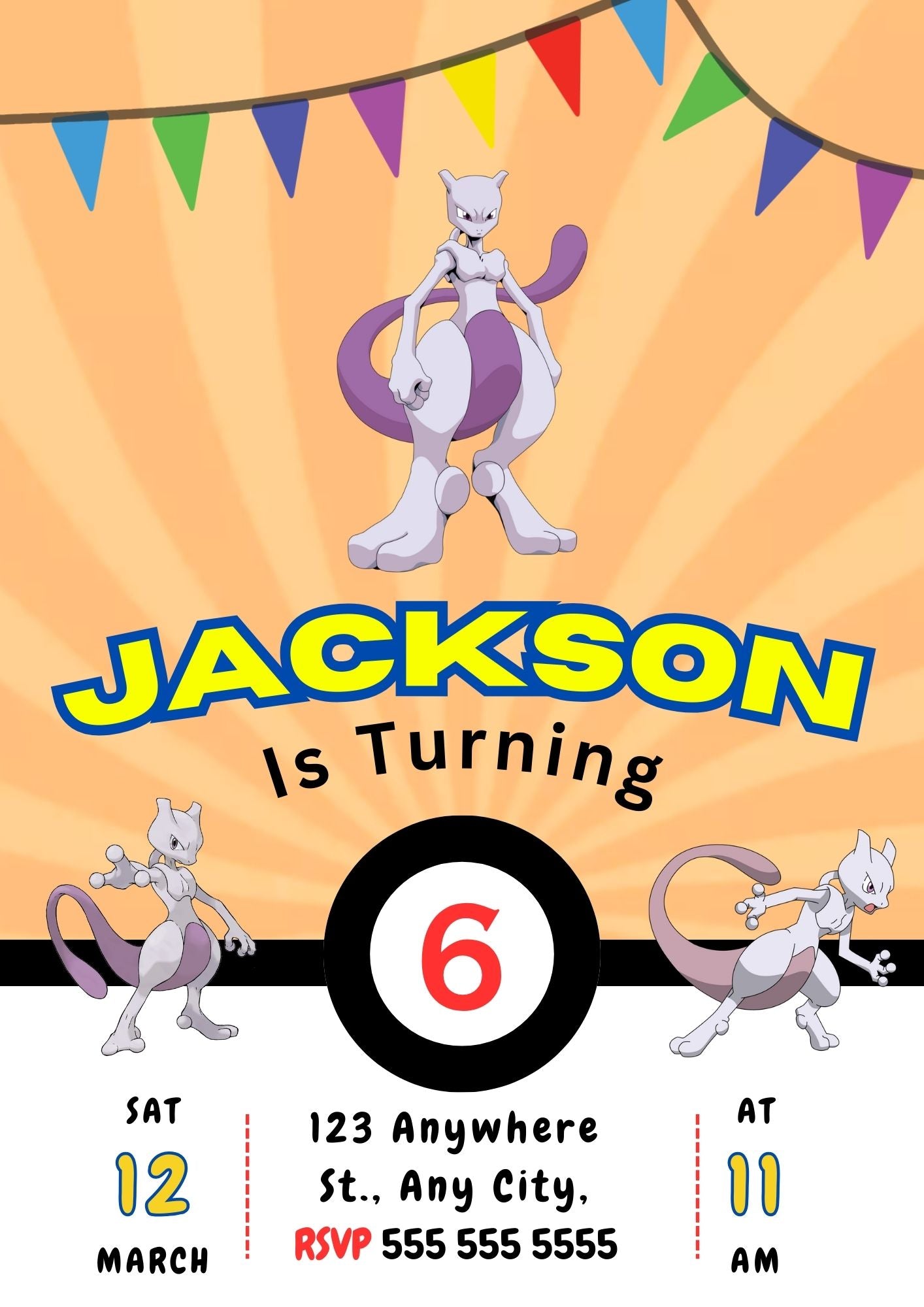 Mewtwo Pokemon Birthday Party Invitation Template - CreativeRino