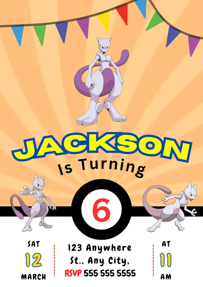 Mewtwo Pokemon Birthday Party Invitation Template - CreativeRino