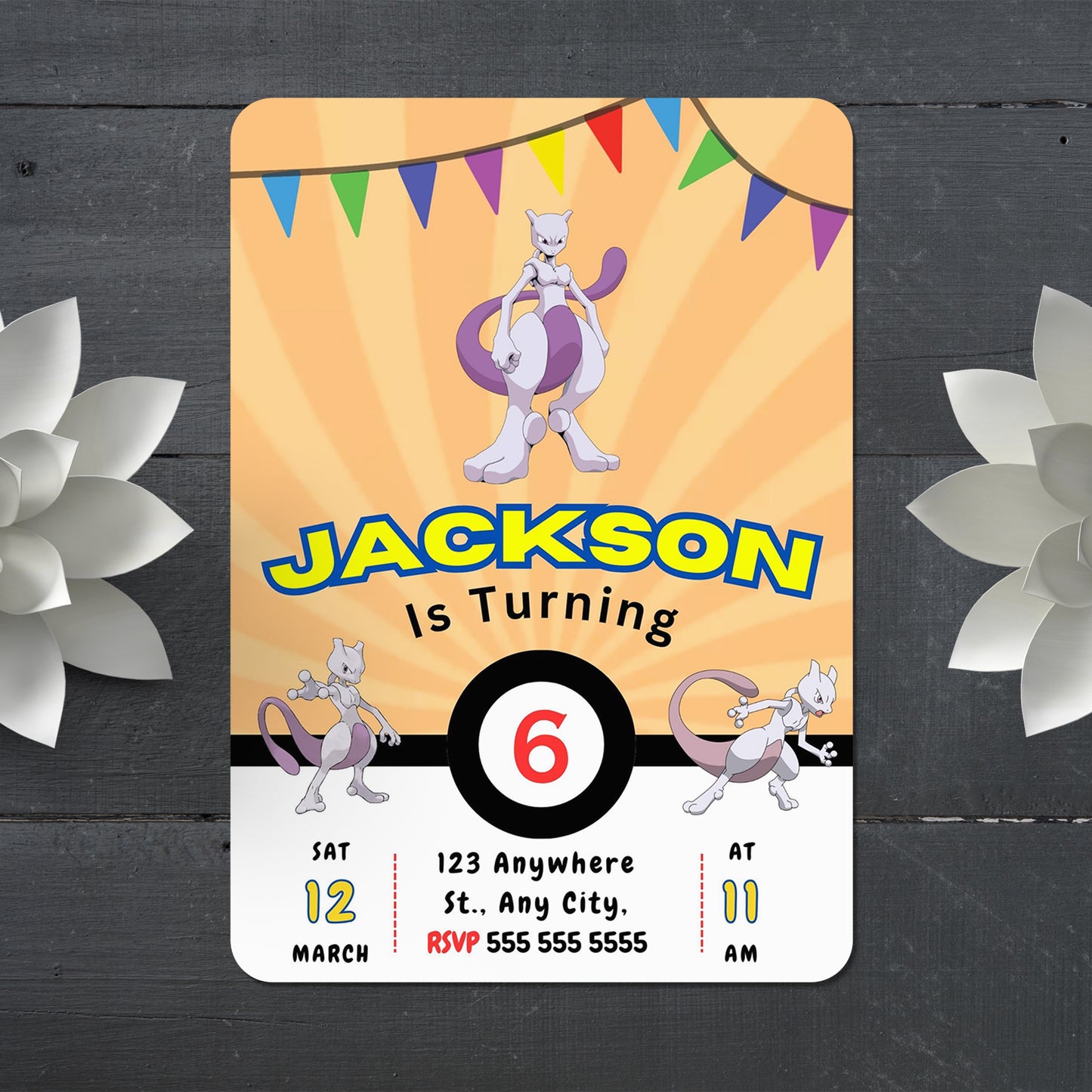 Mewtwo Pokemon Birthday Party Invitation Template - CreativeRino