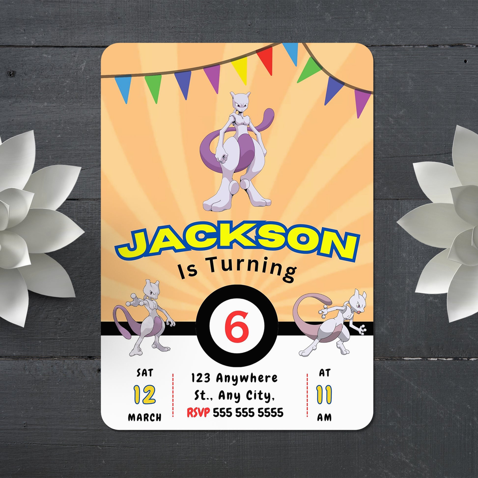 Mewtwo Pokemon Birthday Party Invitation Template - CreativeRino