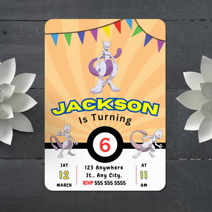 Mewtwo Pokemon Birthday Party Invitation Template - CreativeRino