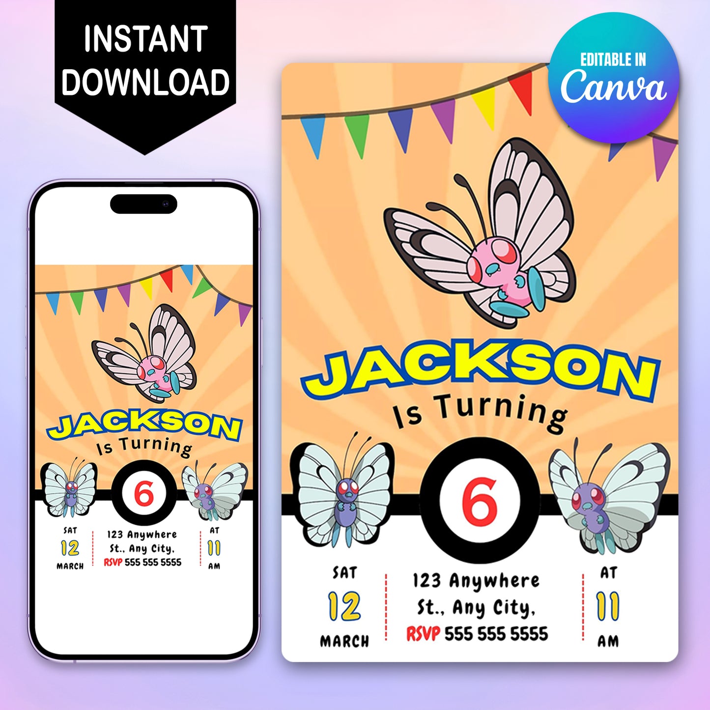 Butterfree Pokemon Birthday Party Invitation Template - CreativeRino