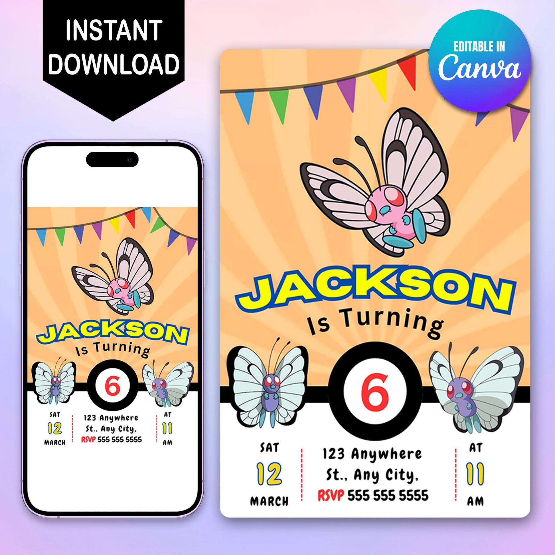 Butterfree Pokemon Birthday Party Invitation Template - CreativeRino