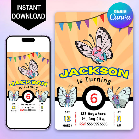 Butterfree Pokemon Birthday Party Invitation Template - CreativeRino