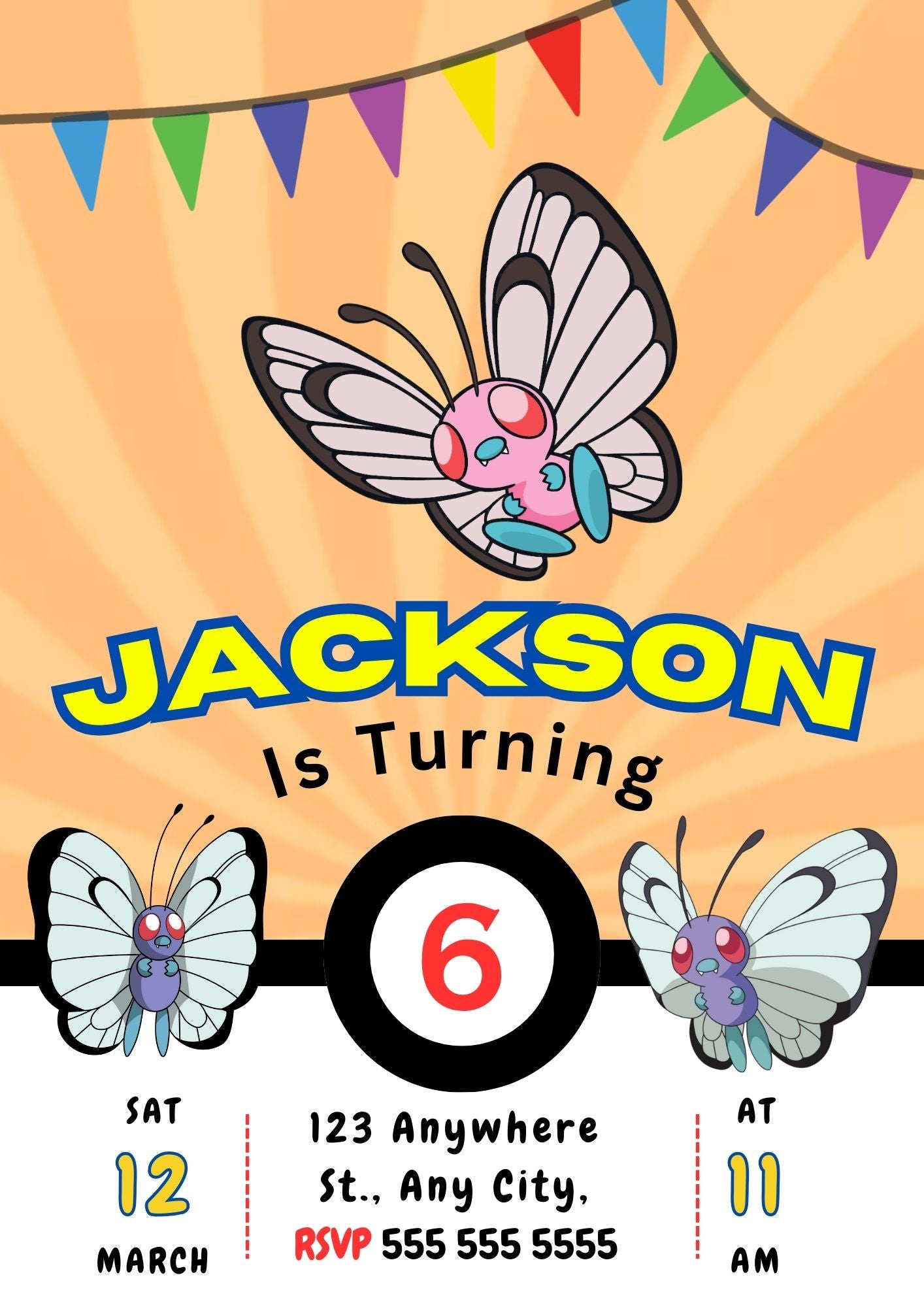 Butterfree Pokemon Birthday Party Invitation Template - CreativeRino