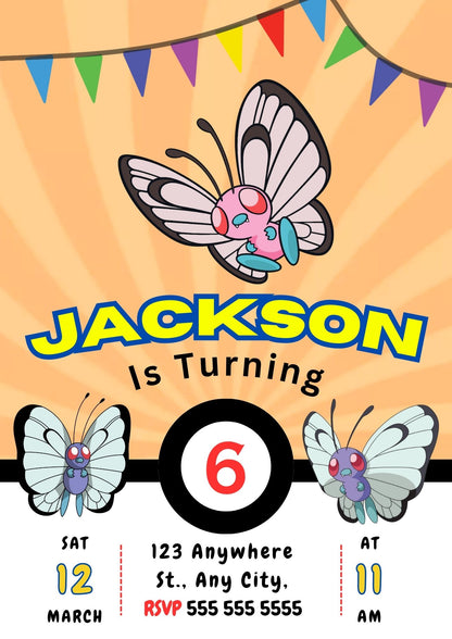 Butterfree Pokemon Birthday Party Invitation Template - CreativeRino