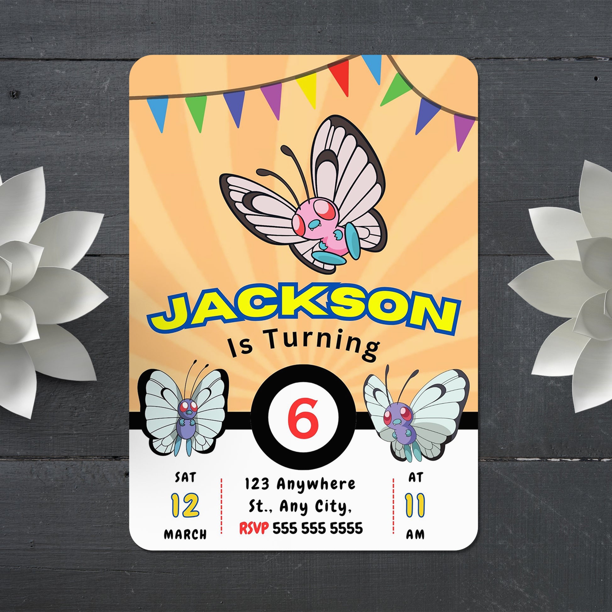 Butterfree Pokemon Birthday Party Invitation Template - CreativeRino