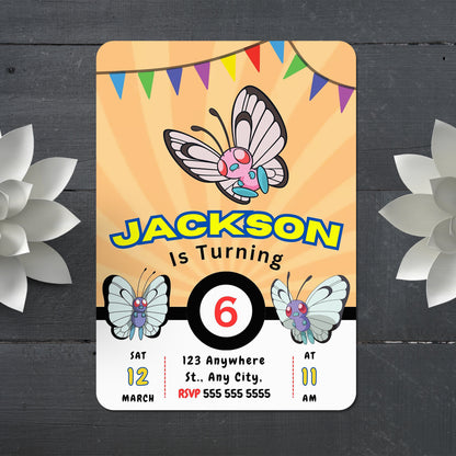 Butterfree Pokemon Birthday Party Invitation Template - CreativeRino