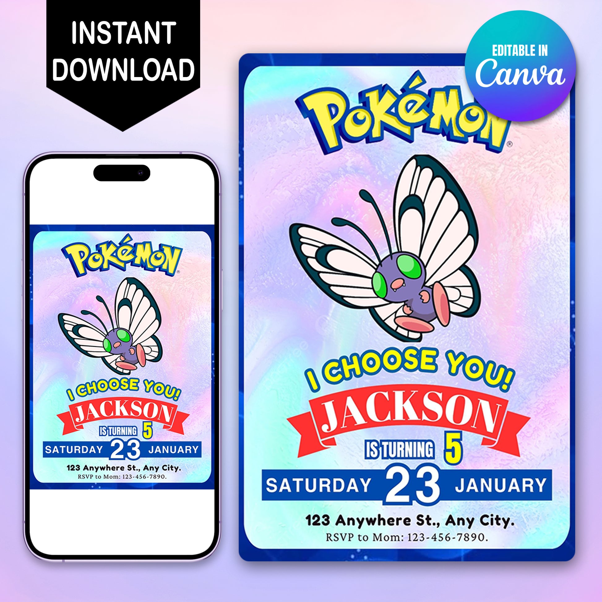 Butterfree Invitation Template | Pokemon Birthday Invite - CreativeRino