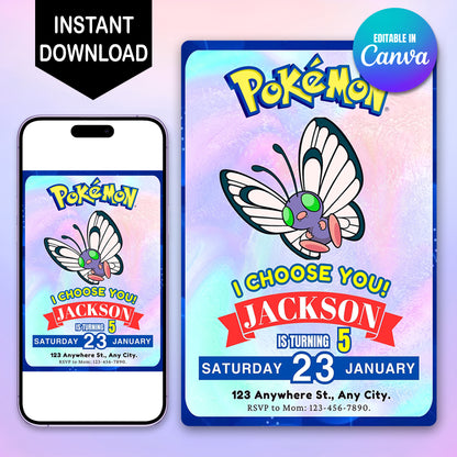 Butterfree Invitation Template | Pokemon Birthday Invite - CreativeRino