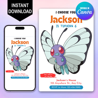 Butterfree Birthday Party Invitation Template | Pokemon Invite - CreativeRino