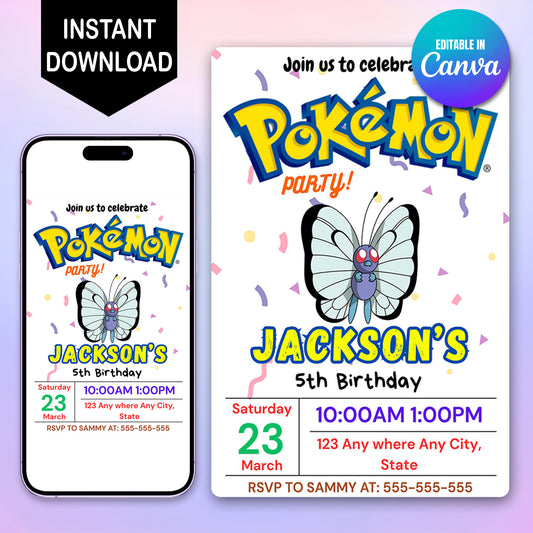 Butterfree Birthday Invitation Template | Pokemon Invite - CreativeRino