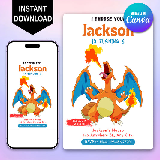 Charizard Birthday Party Invitation Template | Pokemon Invite - CreativeRino