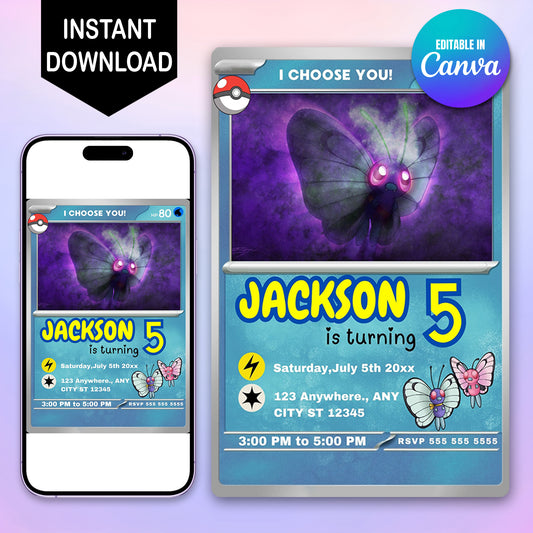 Butterfree Invitation Template | Pokemon Card Birthday Invite - CreativeRino