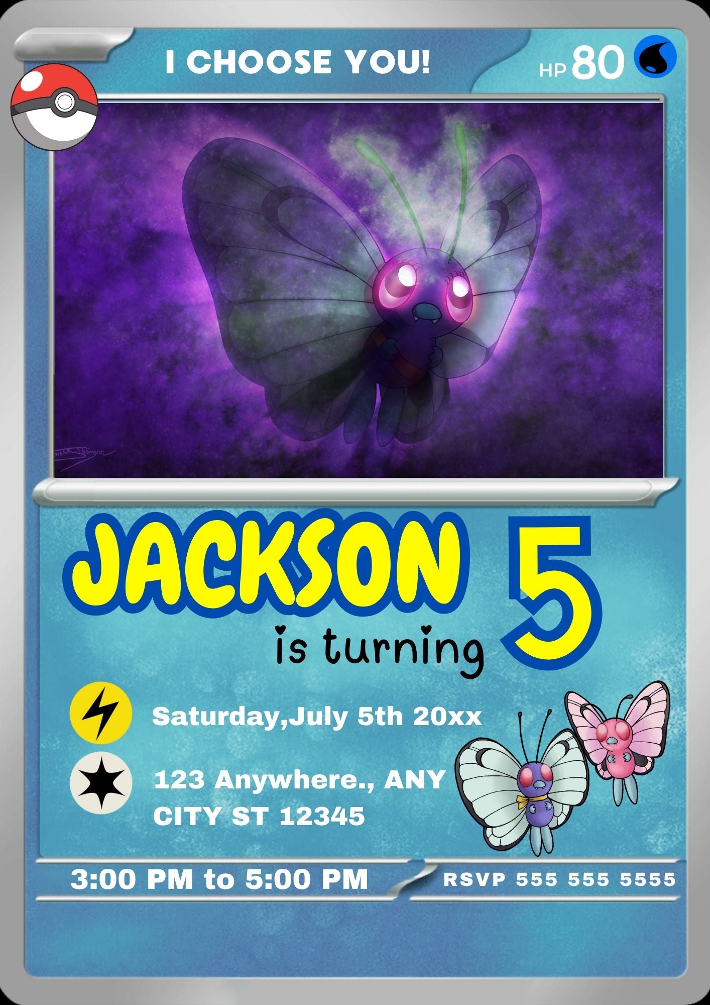 Butterfree Invitation Template | Pokemon Card Birthday Invite - CreativeRino