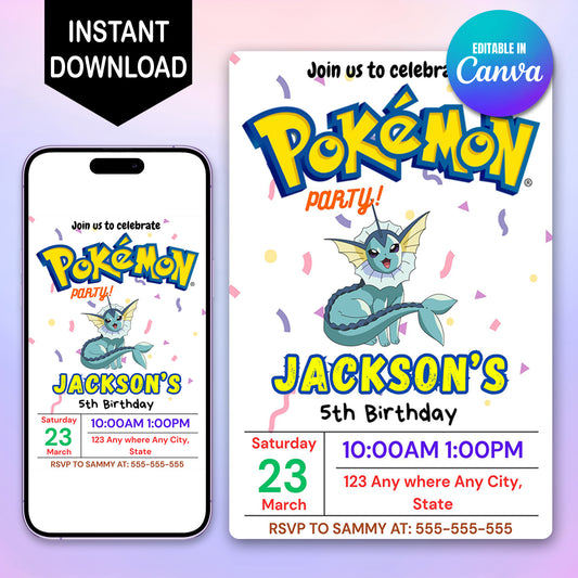 Vaporeon Birthday Invitation Template | Pokemon Invite - CreativeRino