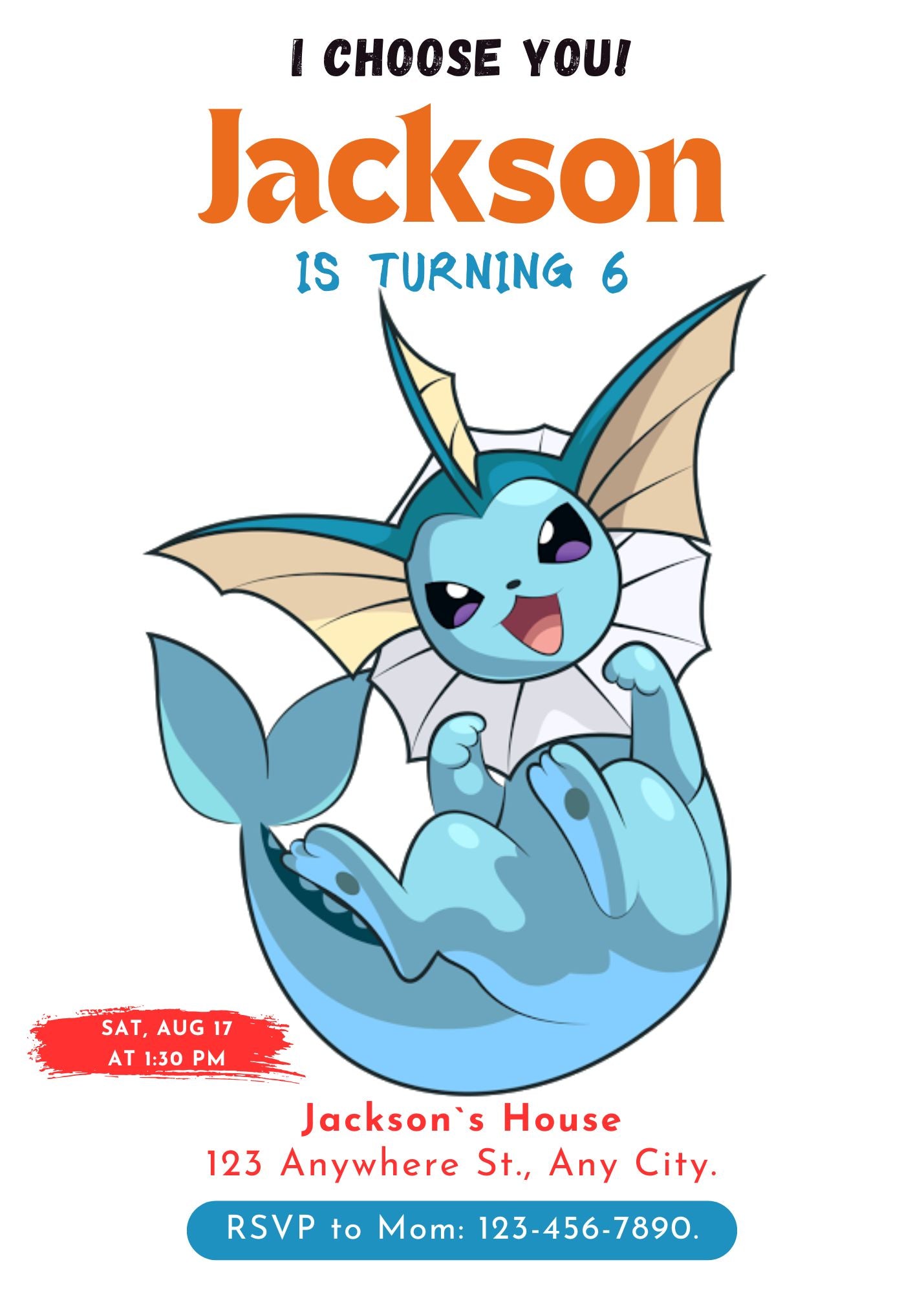 Vaporeon Birthday Party Invitation Template | Pokemon Invite - CreativeRino