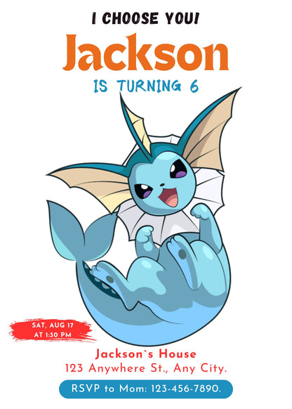 Vaporeon Birthday Party Invitation Template | Pokemon Invite - CreativeRino