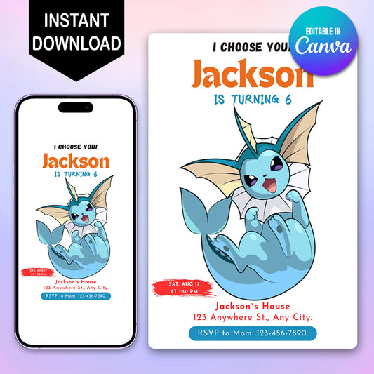 Vaporeon Birthday Party Invitation Template | Pokemon Invite - CreativeRino