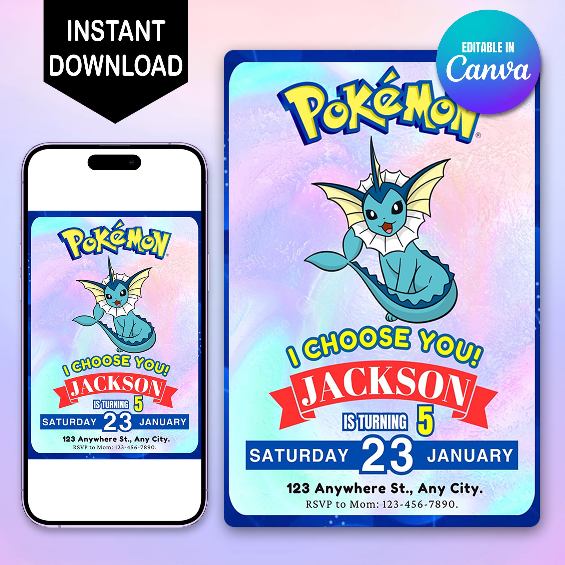 Vaporeon Invitation Template | Pokemon Birthday Invite - CreativeRino