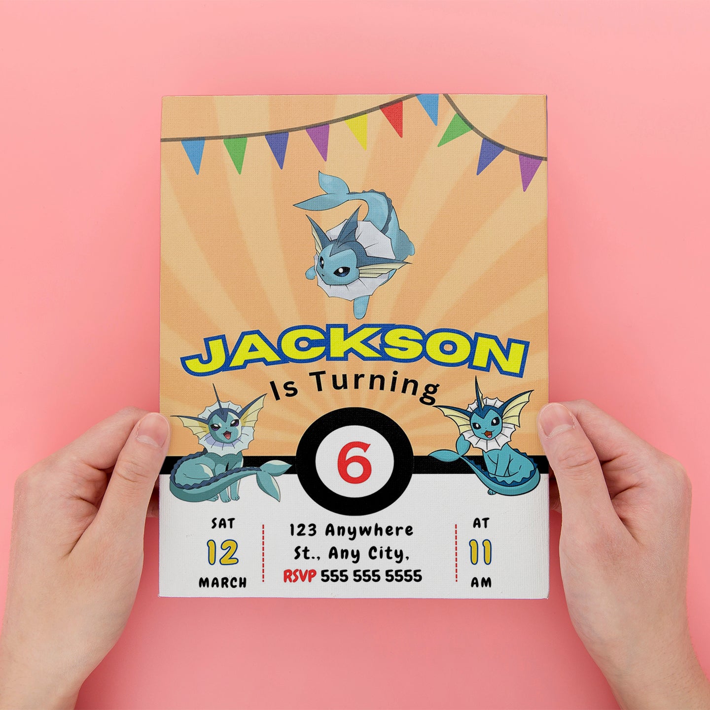 Vaporeon Pokemon Birthday Party Invitation Template - CreativeRino