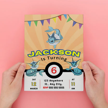 Vaporeon Pokemon Birthday Party Invitation Template - CreativeRino