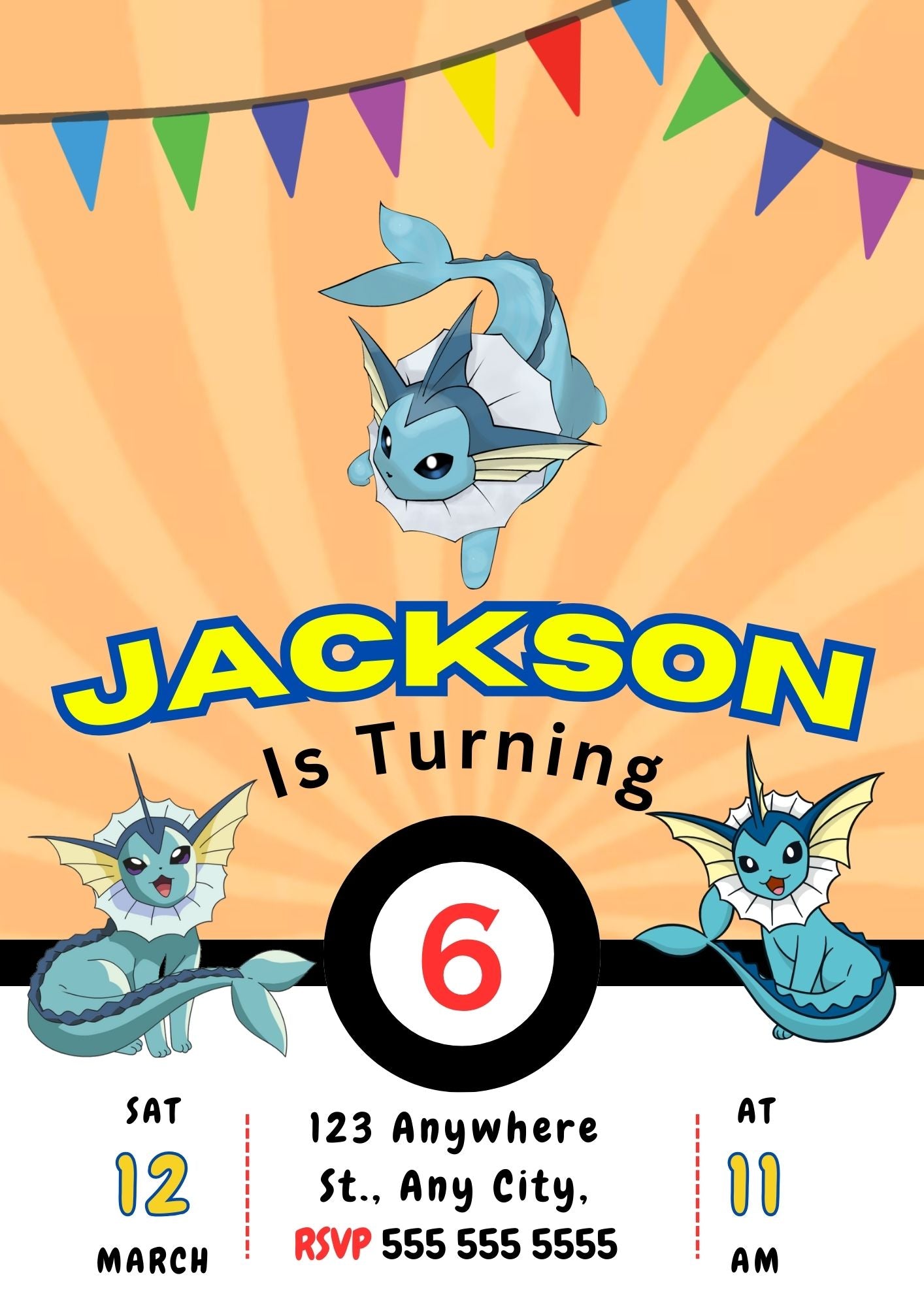 Vaporeon Pokemon Birthday Party Invitation Template - CreativeRino
