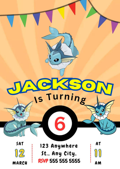 Vaporeon Pokemon Birthday Party Invitation Template - CreativeRino