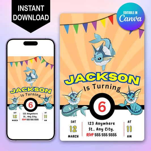 Vaporeon Pokemon Birthday Party Invitation Template - CreativeRino