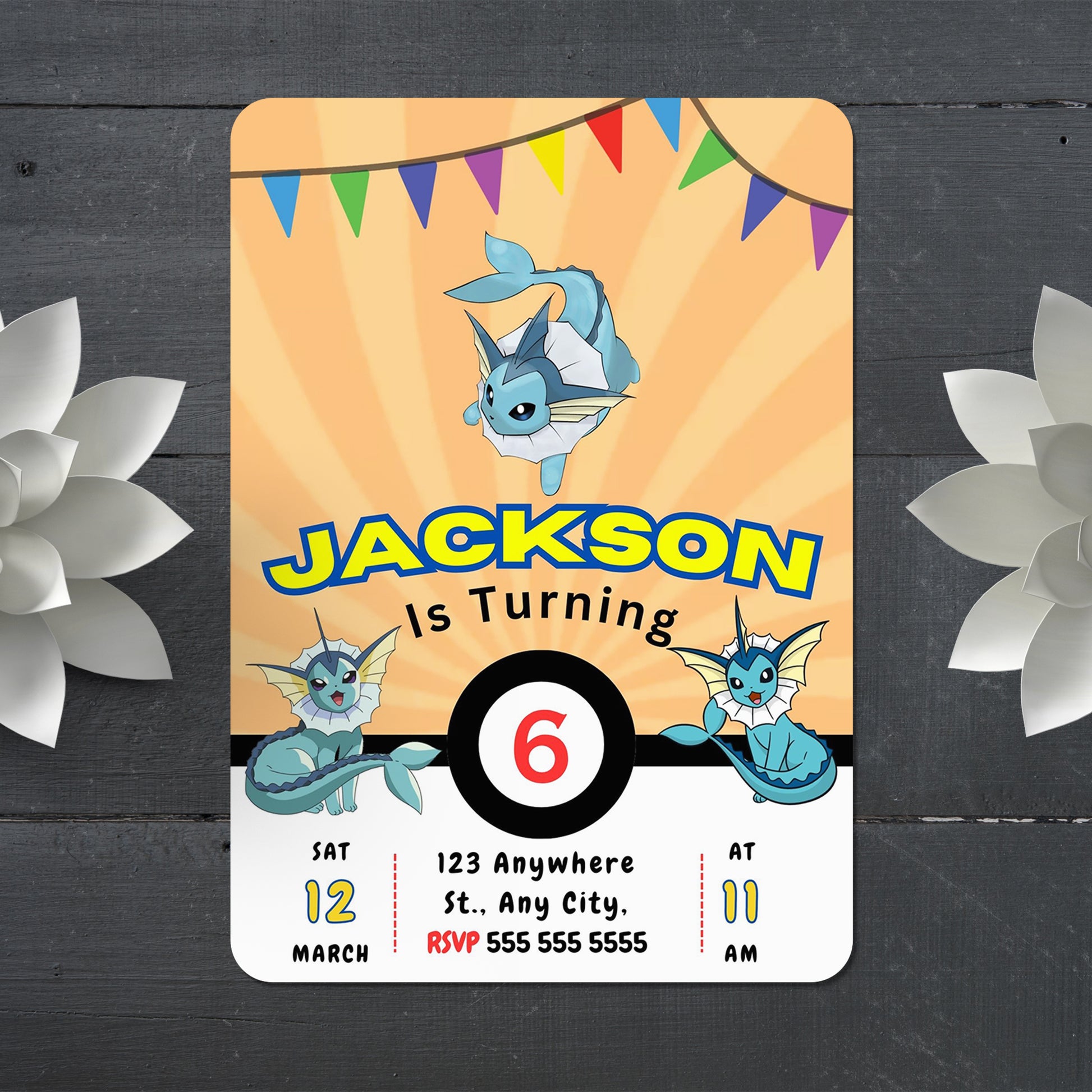 Vaporeon Pokemon Birthday Party Invitation Template - CreativeRino