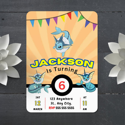 Vaporeon Pokemon Birthday Party Invitation Template - CreativeRino