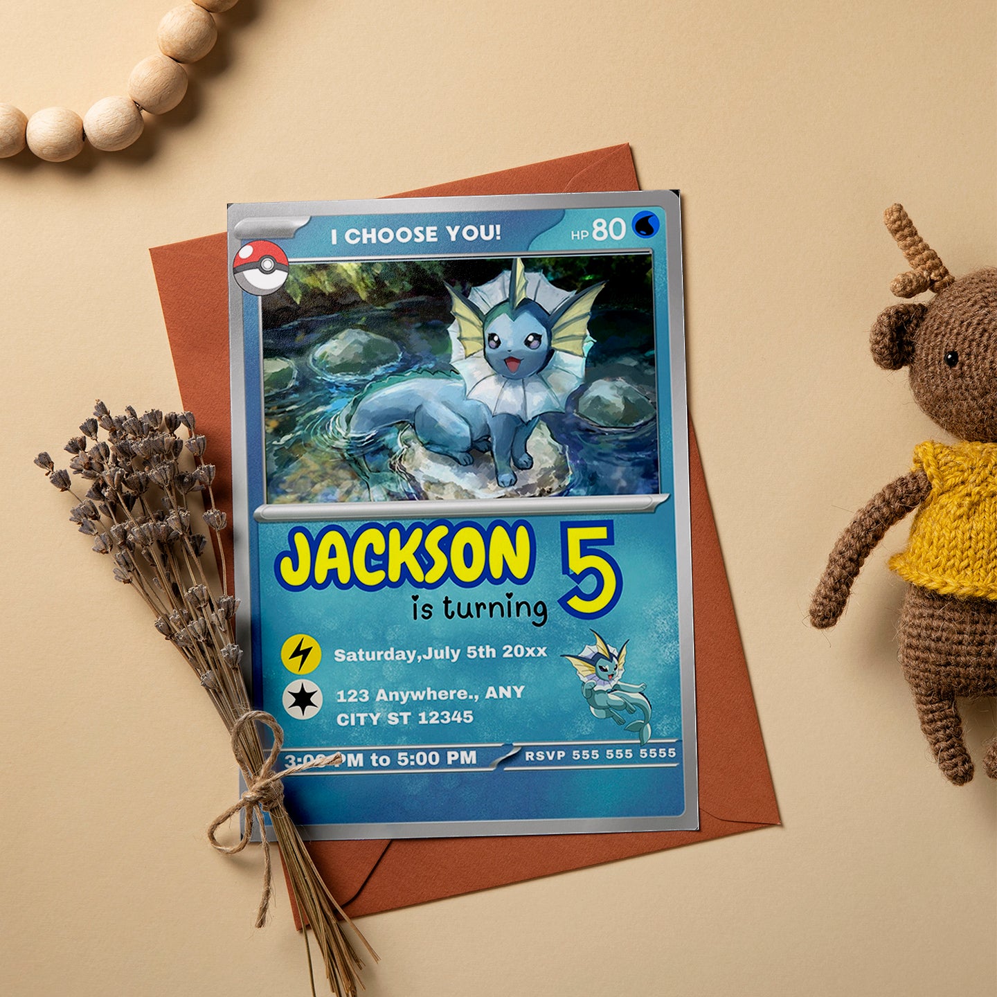Vaporeon Invitation Template | Pokemon Card Birthday Invite - CreativeRino