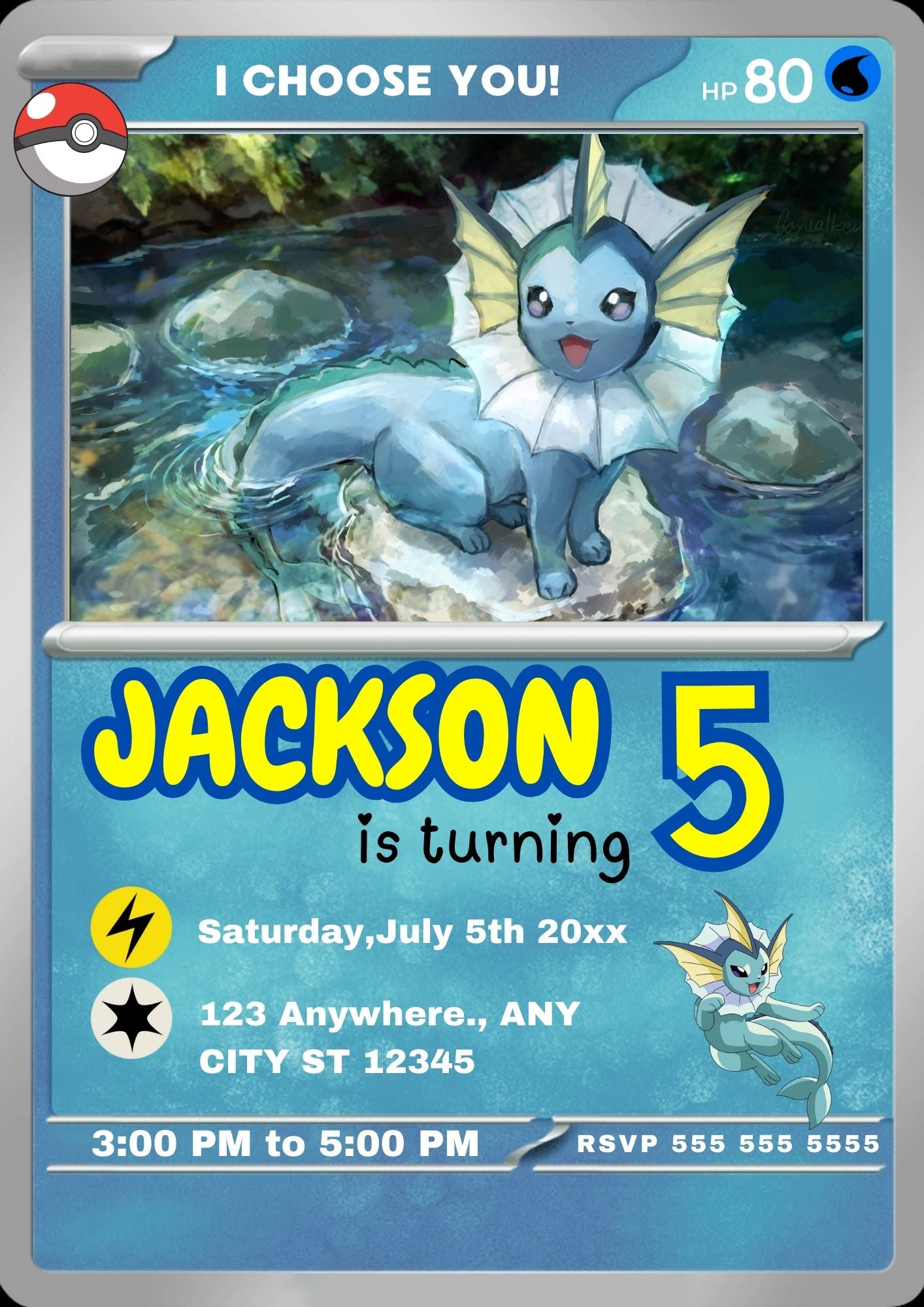 Vaporeon Invitation Template | Pokemon Card Birthday Invite - CreativeRino