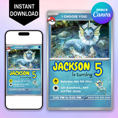 Vaporeon Invitation Template | Pokemon Card Birthday Invite - CreativeRino