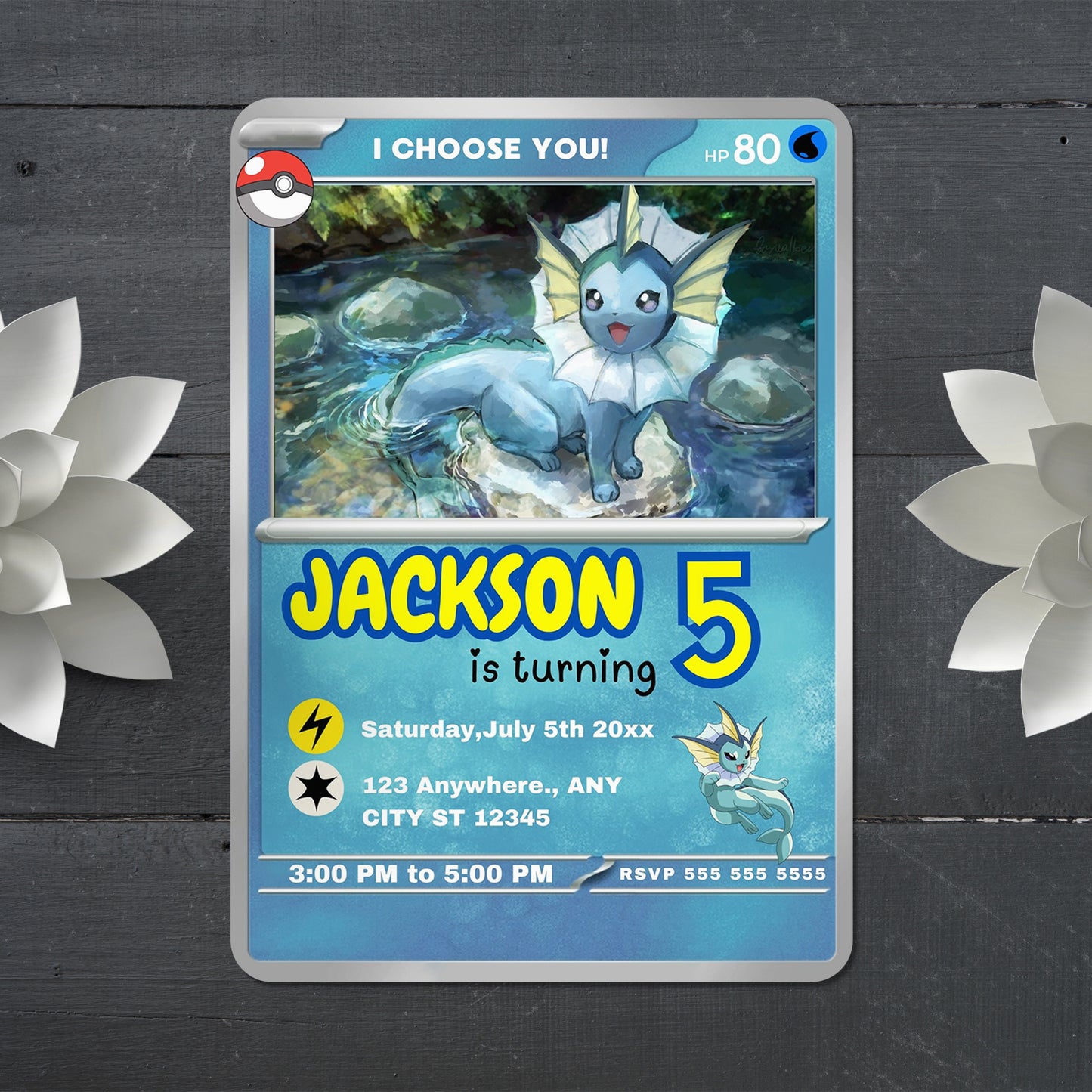 Vaporeon Invitation Template | Pokemon Card Birthday Invite - CreativeRino