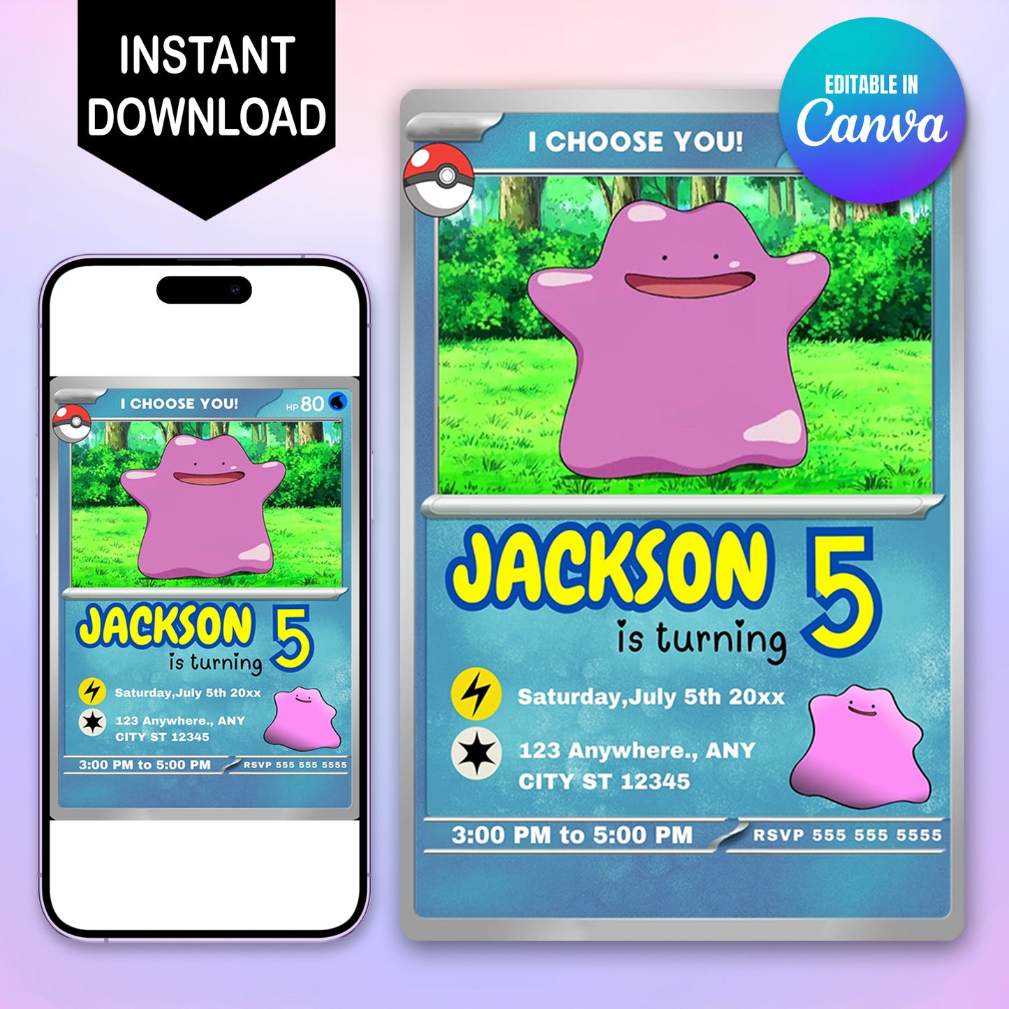 Ditto Invitation Template | Pokemon Card Birthday Invite - CreativeRino