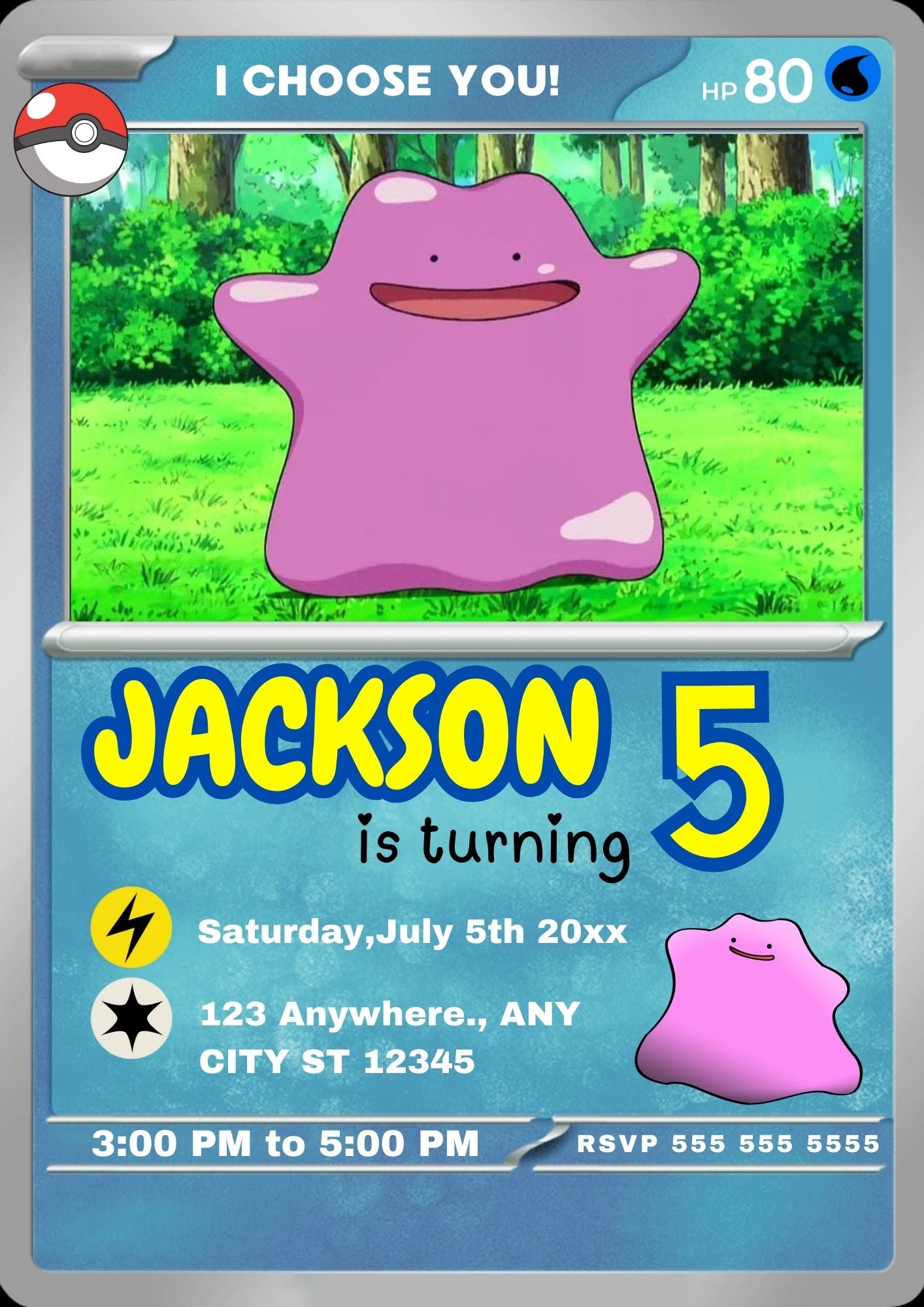 Ditto Invitation Template | Pokemon Card Birthday Invite - CreativeRino
