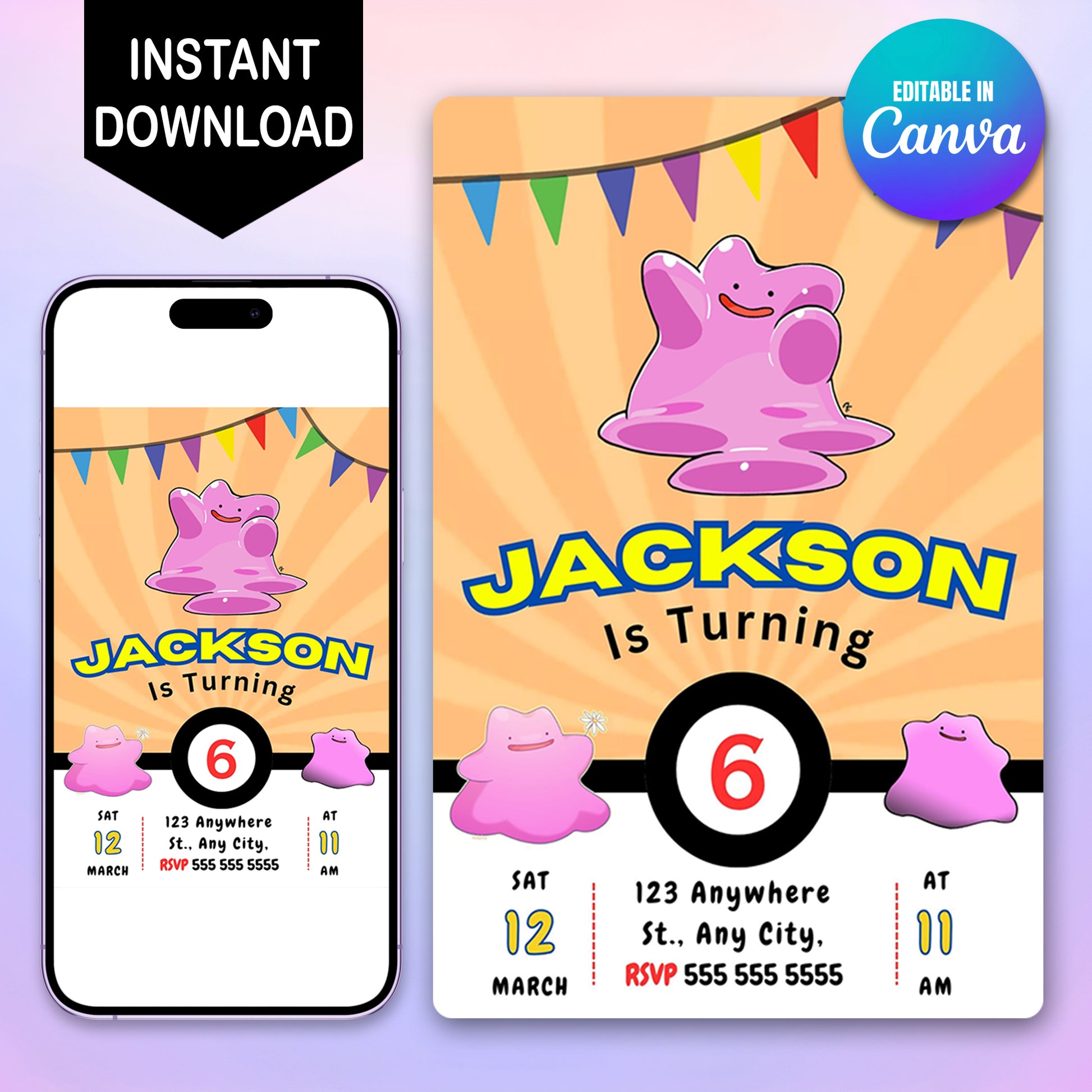 Ditto Pokemon Birthday Party Invitation Template - CreativeRino