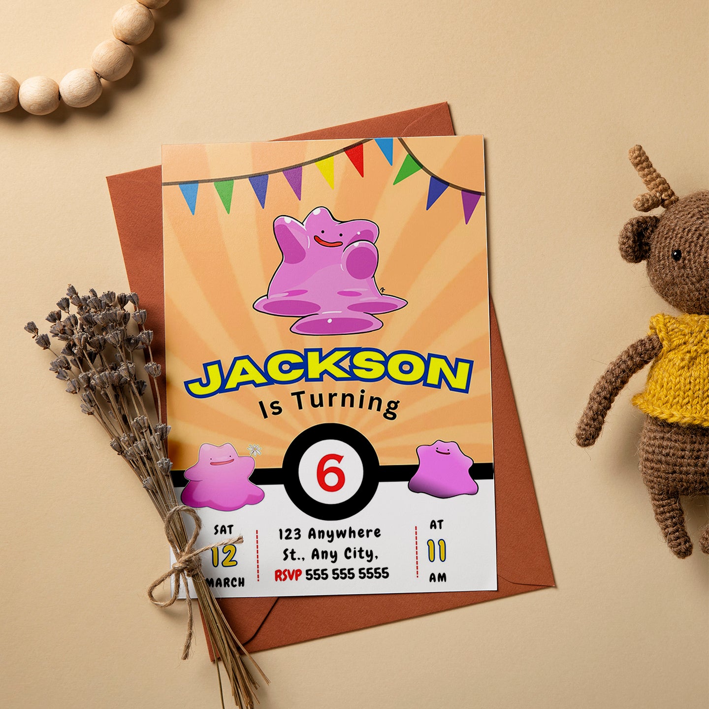 Ditto Pokemon Birthday Party Invitation Template - CreativeRino