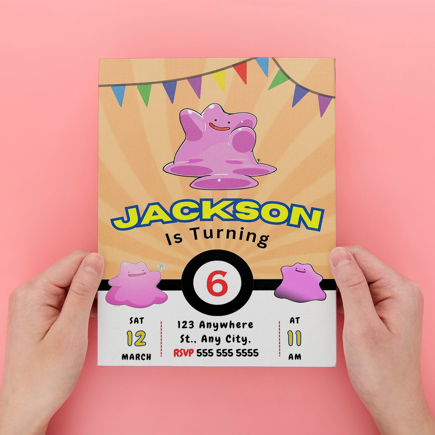 Ditto Pokemon Birthday Party Invitation Template - CreativeRino