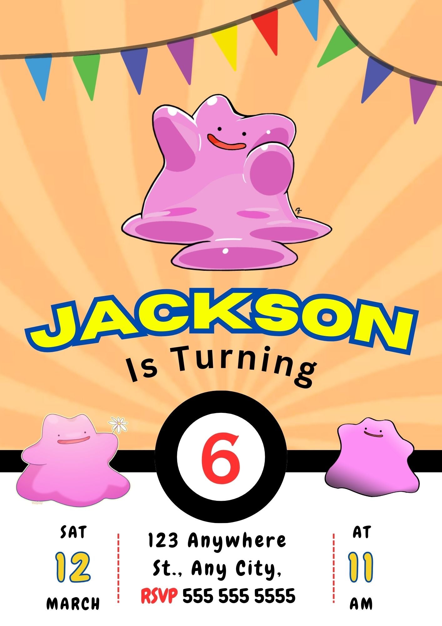 Ditto Pokemon Birthday Party Invitation Template - CreativeRino