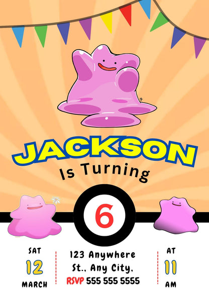 Ditto Pokemon Birthday Party Invitation Template - CreativeRino