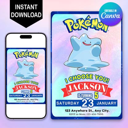 Ditto Invitation Template | Pokemon Birthday Invite - CreativeRino