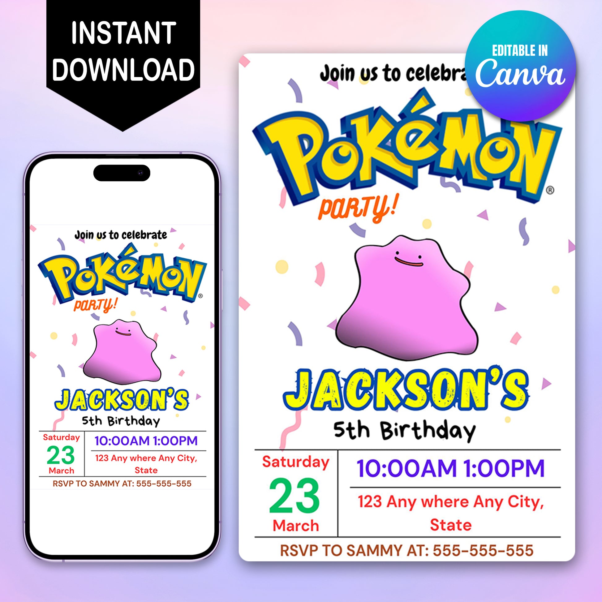 Ditto Birthday Invitation Template | Pokemon Invite - CreativeRino