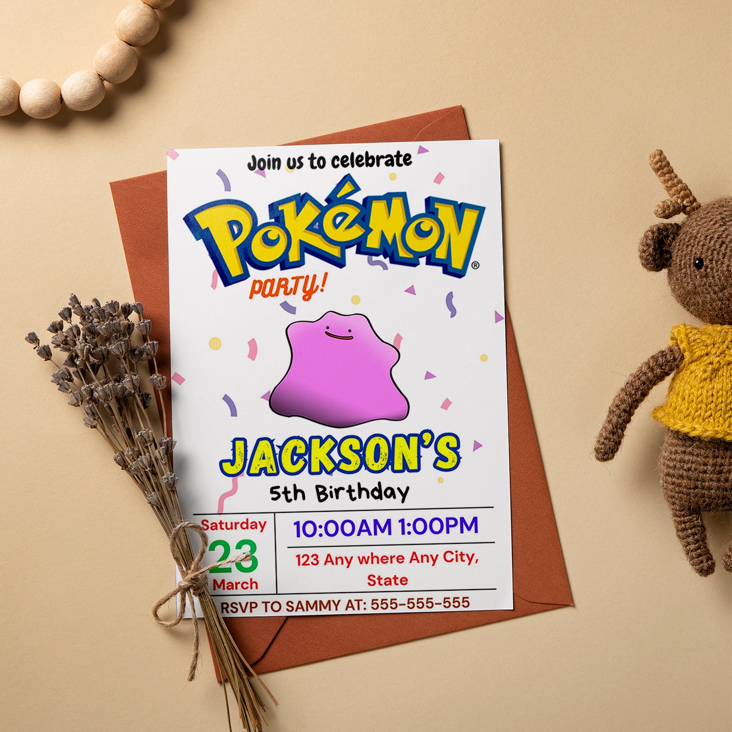 Ditto Birthday Invitation Template | Pokemon Invite - CreativeRino