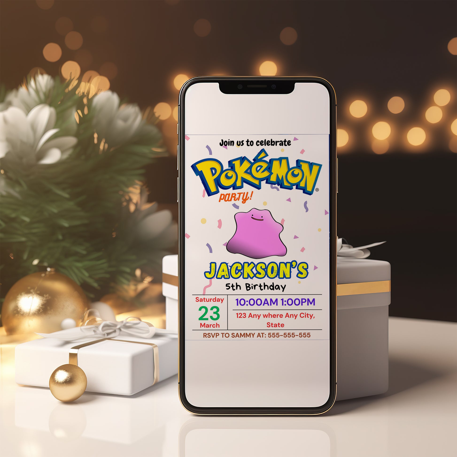 Ditto Birthday Invitation Template | Pokemon Invite - CreativeRino
